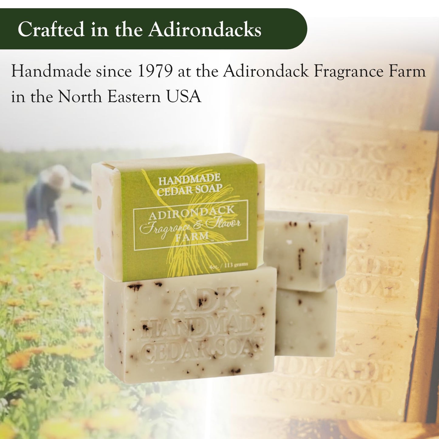 Adirondack Fragrance & Flavor Farm ADK Natural Cedar Soap Bar 4 oz., Handmade Vegan Olive Oil Body Soap for Dry and Sensitive Skin, Moisturising for Men, Women & Babies, Produced in the USA