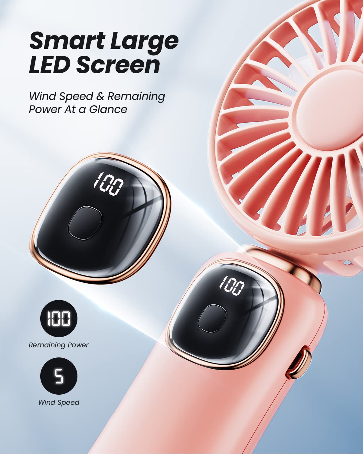 coldSky Portable Handheld Fan, 4000mAh Battery Operated with LED Display, Handheld/Neck/Desk 3 in 1 Personal Small Fan, 90° Foldable Desk Fan with Base, 5 Speed Lash Makeup Fan for Women