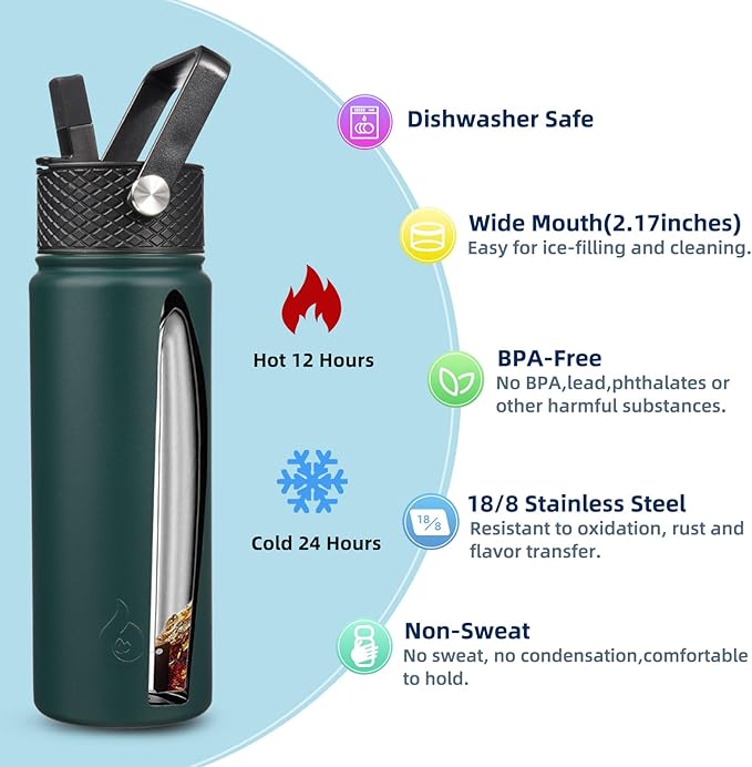 BJPKPK Insulated Water Bottles with Straw Lid, 22oz Cold & Hot Thermo, Stainless Steel Metal Water Bottle with 3 Lids, Reusable Thermo, Cups, Mugs for Daily Use-Army Green