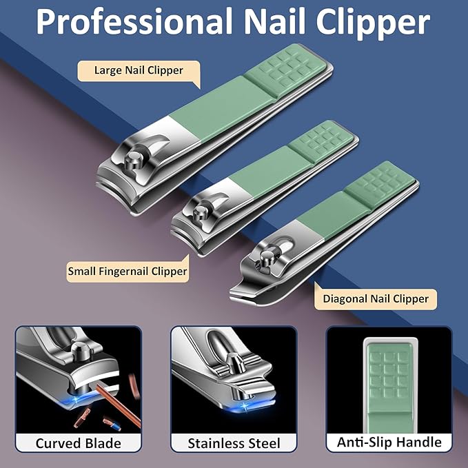 BLESWIN 10-Piece Nail Care Kit, Professional Manicure Set with Green Leather Case, Ideal for Women & Men