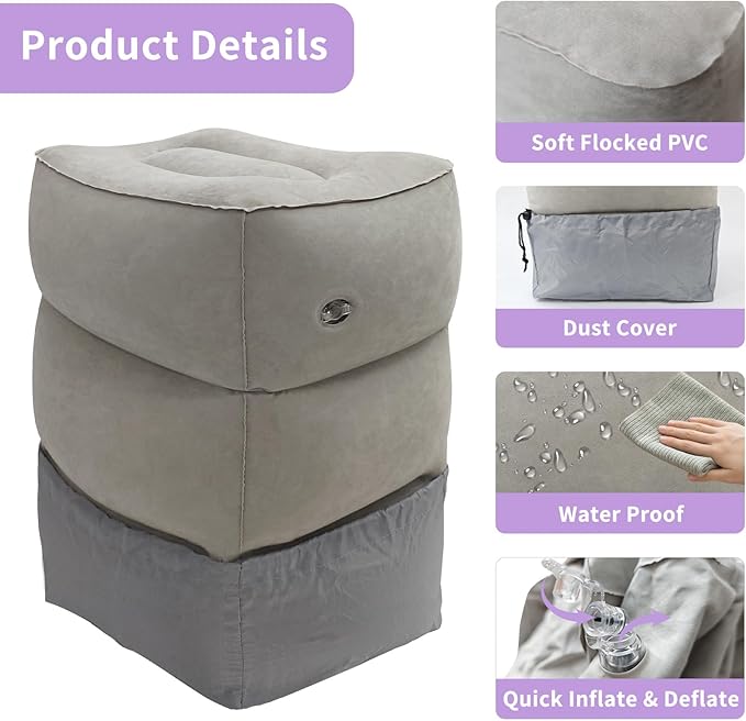 Inflatable Foot Rest for Under Desk at Work, Travel Footrest Pillow for Long Airplane Flights-Adjustable Blow Up Leg Rest Outdoor Foot Stools Ottoman, Seat Extender