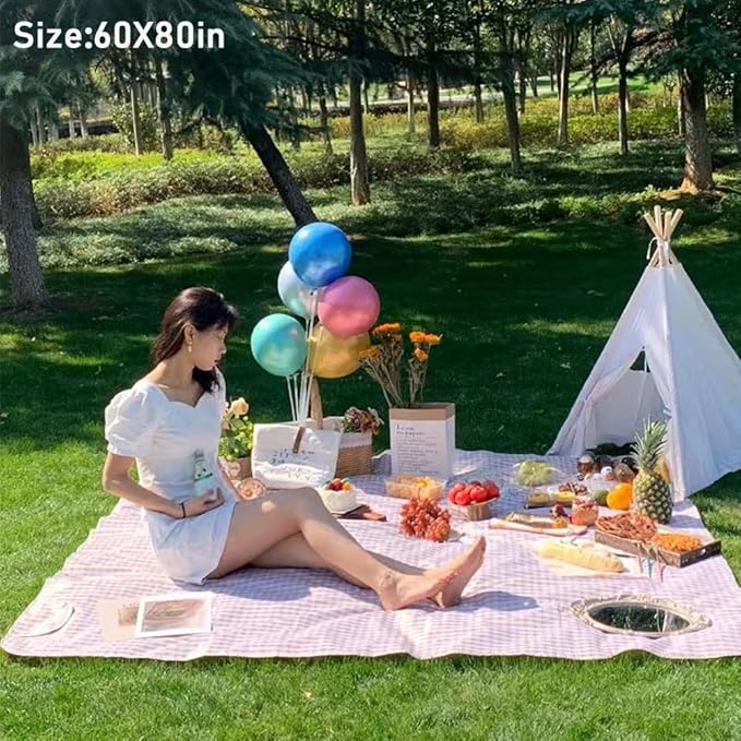 K Y KANGYUN Extra Large Picnic Blanket Outdoor Beach Blankets, Water-Resistant Foldable Sandproof Blankets Cute Picnic Mat for Beach, Camping Grass Lawn Park Mats (Tan Gingham, 80x60 in)