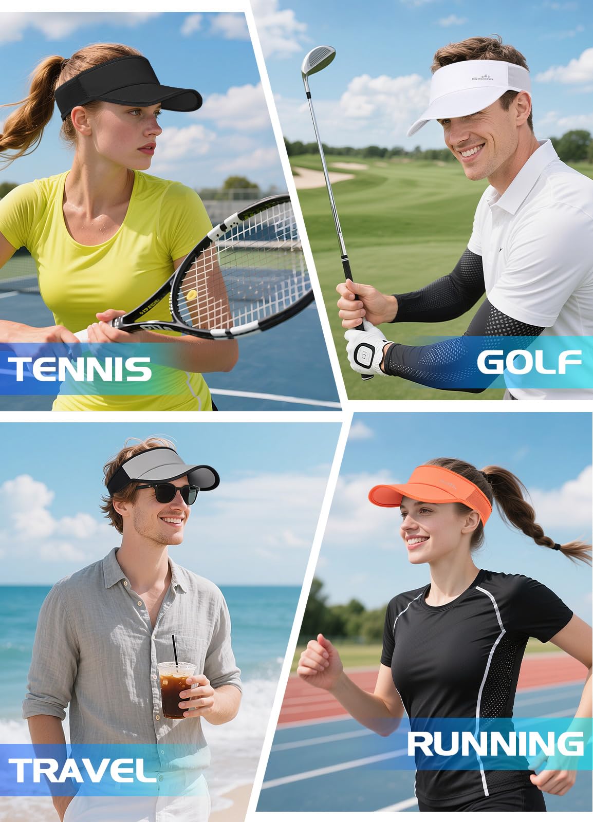 GXCROR Sports Sun Visor Hat Men Women, Lightweight Breathable Quick-Dry Visor Hat, UPF 50+ Tennis Golf Running Visor Black
