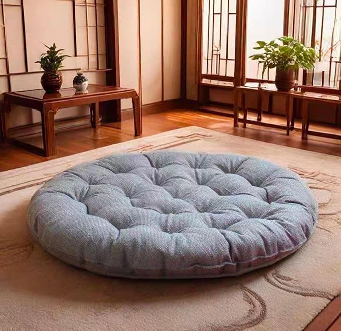 Large Linen Floor Cushions,Round Futon Pillows Japanese Style Tufted Floor Pillows Meditation Cushions for Seating On Pad for Yoga Sofa Balcony(Size:75x75cm(30x30inch),Color:Light Gray)