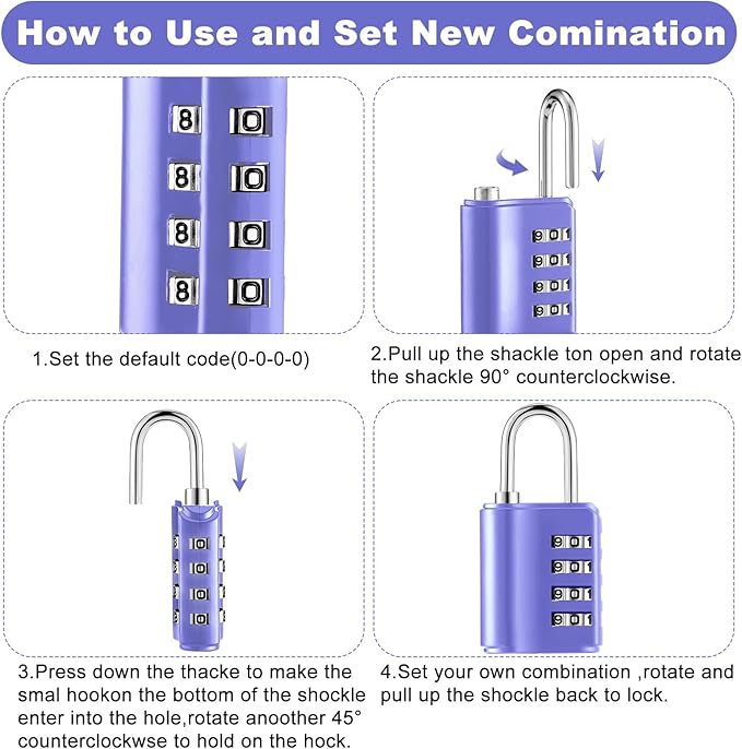 Kenning 10 Pcs Combination Padlock 4 Digit Combination Lock with Keys Locker Resetable Security Outdoor Waterproof Lock for School Sports Gym Locker Employee Fence Case (Purple)