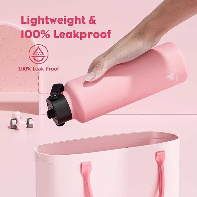 24oz Stainless Steel Slim Water Bottle for Adults: Sweatproof, Flex Cap, Lightweight, Standard Mouth, Top Handle, Vacuum Insulated Flask with straw for Office, Home, Commute, Workouts (Blush Pink)