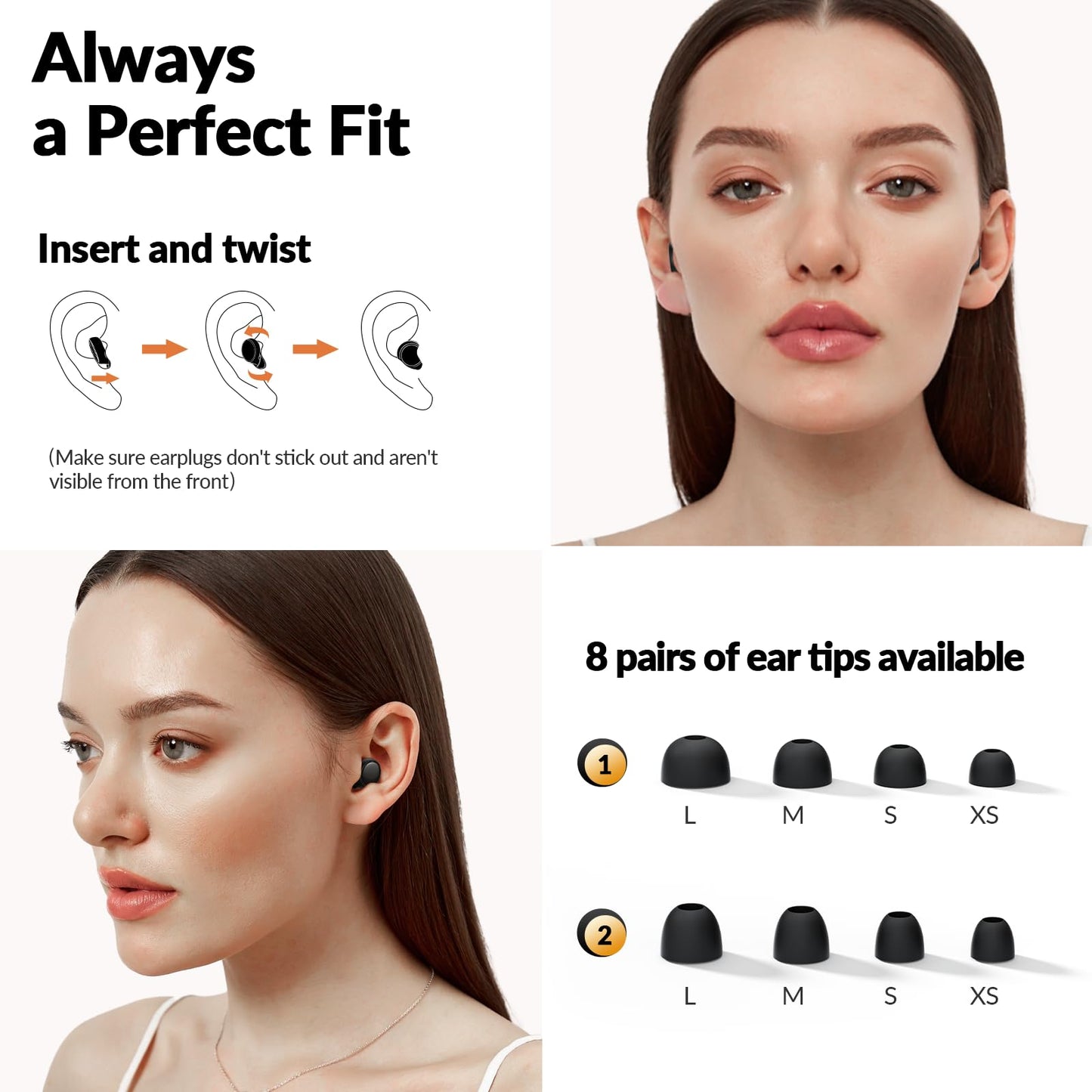 Ear Plugs for Sleeping 45dB Noise Cancelling Ear Plugs for Concerts, Focus, Travel, Work Silicone Hearing Protection Earplugs with 8 Tips (XS-L) Reusable Noise Reduction Ear Plug for Snoring Black