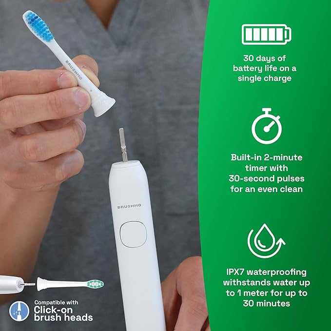Brushmo Super Sonic Electric Toothbrush with 4 Replacement Heads - Rechargeable Electronic Tooth Brush for Adults with 5 Customizable Modes - IPX7 Waterproof & Long-Lasting Battery - White