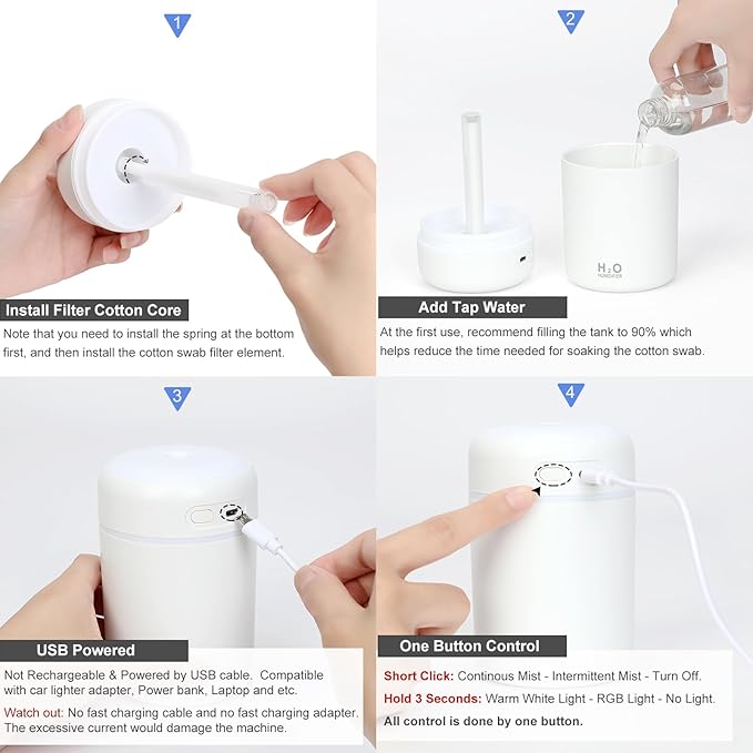 Portable Mini Humidifier, Colorful, Cool Mist, USB Powered. Perfect for Bedroom, Office & Car (300ml, Pink)