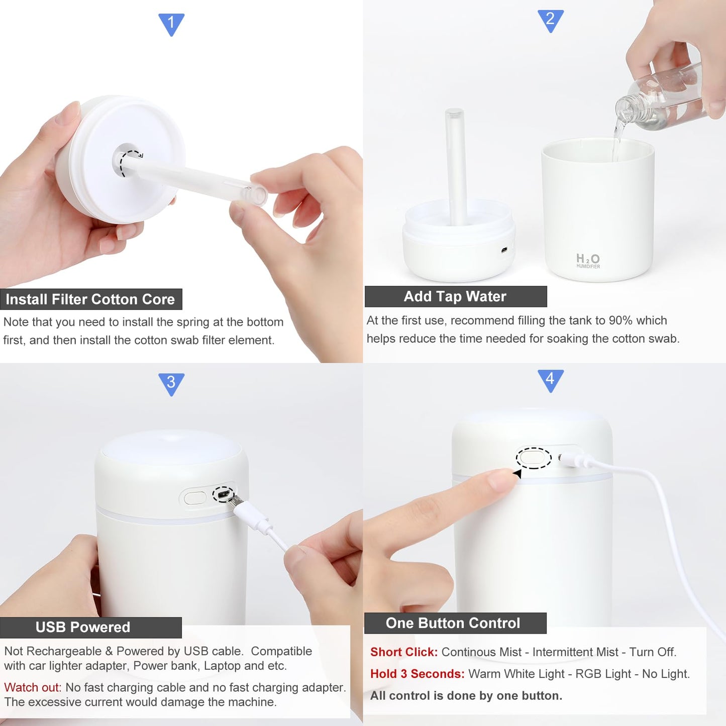 Portable Mini Humidifier, Colorful, Cool Mist, USB Powered. Perfect for Bedroom, Office & Car (300ml, Pink)