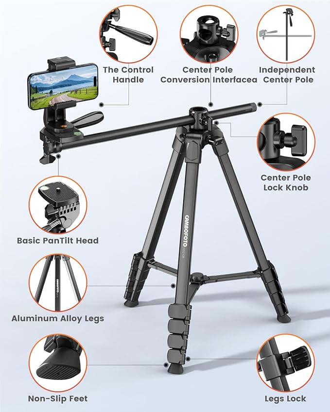 73"-Phone-Tripod-with-Horizontal-Overhead, Selfie Stick/Tall Travel Stand with Wireless Remote and iPhone Holder, Mirrorless/Compact/GoPro/Camera/Compatible/iPhone/Smartphone