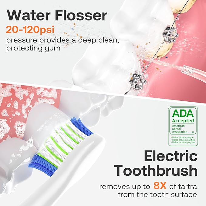 Bitvae Water Dental Flosser Teeth Picks - Cordless Portable Oral Irrigator, 5 Modes Sonic Electric Toothbrush with 3 Modes & 5 intensities Water Teeth Cleaner Combo, Quartz Pink