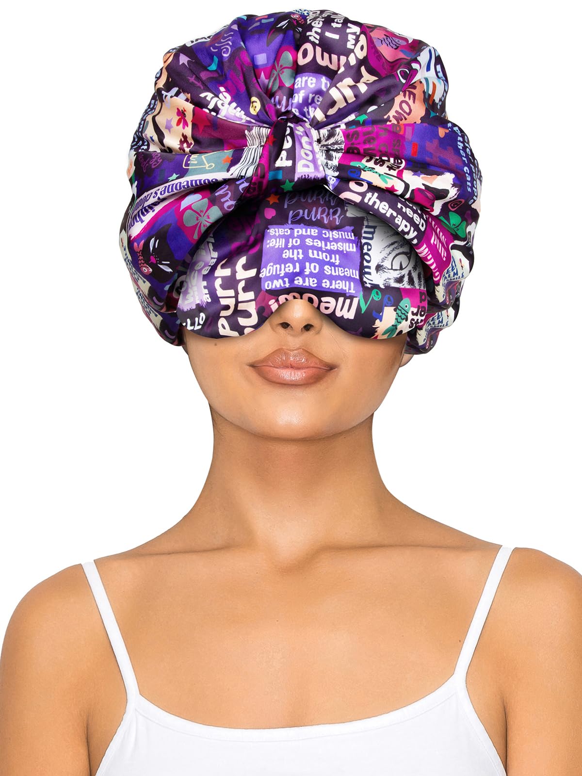 Vettres Double Layer Satin Bonnet with Eye Mask Adjustable Silk Sleep Cap Turban Style Hair Wrap for Curly Hair Purple Animals
