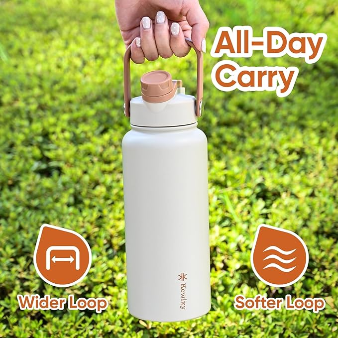 32 oz Insulated Water Bottle, 2-in-1 Lid, Straw & Spout with Protected, Leak Proof, Keep Cold, Stainless Steel, Metal, Reusable, Handle, for Outdoor, Gym and School, 2 Lids, Mousse
