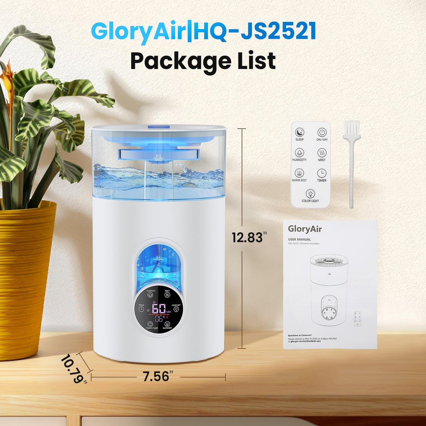 Humidifiers for Bedroom Large Room Home - GloryAir 6L Quiet Top Fill Cool & Warm Mist Humidifier with Smart Humidity Control, Remote Control, 7-Color Light, Humidistat, Oil Diffuser for Plants & Baby