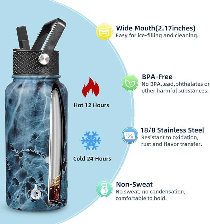 BJPKPK Insulated Water Bottles with Straw Lid, 27oz Stainless Steel Water Bottle with 3 Lids, Leak Proof BPA Free Metal Thermo, Mugs, Tumblers, Keep Cold Hot -Ocean