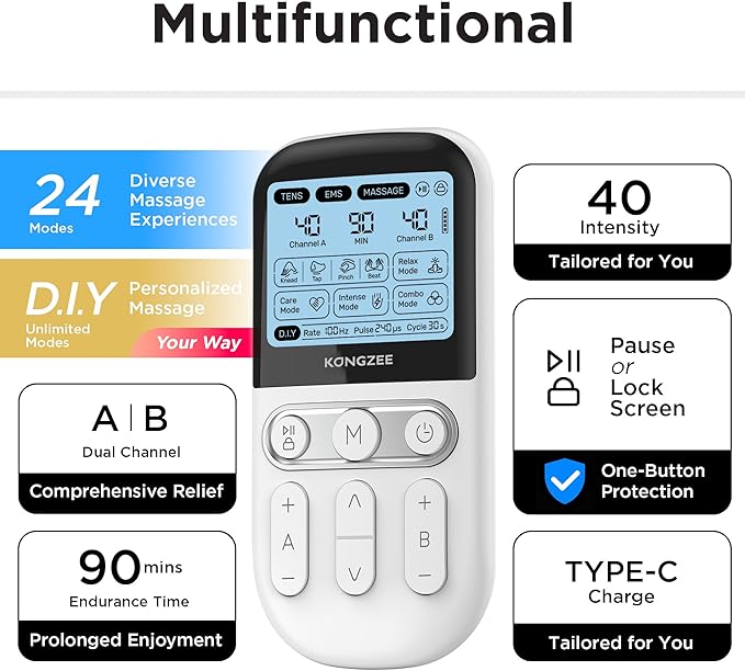 4 in 1 - D.I.Y & Tens Unit & EMS & Massage Muscle Stimulator, Dual Channel TENS Units Therapy Machine for Pain Relief, FDA Cleared Rechargeable Electronic Pulse Massager, with 12pcs Electrode Pads.