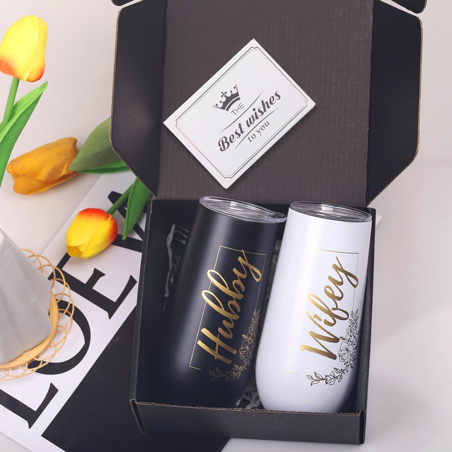 merrisport Wedding Gifts for Couples 2025,Hubby and Wifey Champagne Flutes with Best Wishes Card, Insulated Stainless Steel Tumblers with Lids, Bride and Groom Gift Box, Mr and Mrs Gift,12oz