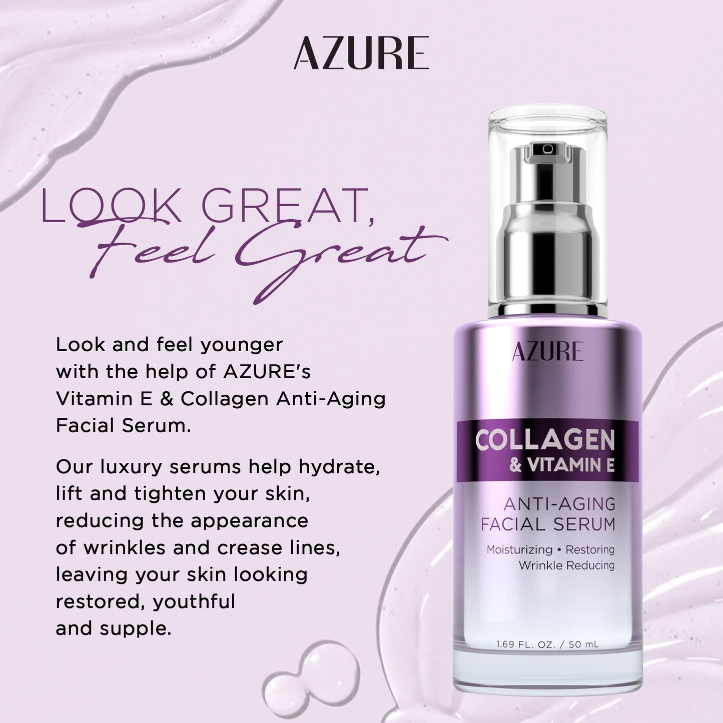 Azure Cosmetics Collagen & Vitamin E Serum For Face - Dermatologist Tested, Anti-Aging, Fine Lines & Wrinkle Treatment - Nourish Dull Skin - Lightweight, Vegan, Clean Beauty, Korean Skin Care - 1.69oz
