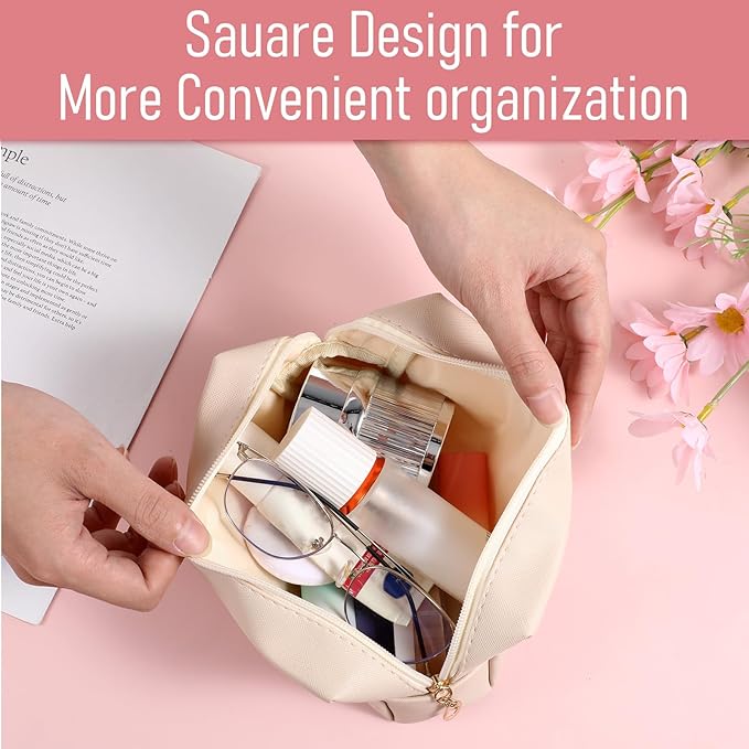 8 Pcs Makeup Bag Pu Leather Cosmetic Pouch Waterproof Small Toiletry Bag Portable Cosmetic Organizer Water Resistant Storage Purse for Lady Women Daily Storage Travel Organizer (Beige,Medium)