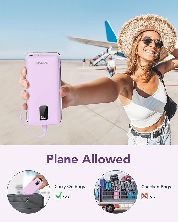 charmast Portable Charger with Built-in Cables & Wall Plug, 10000mAh Portable Power Bank, External Battery Pack Travel Essentials Compatible with iPhone 16/15/14/13, Samsung, iPad etc