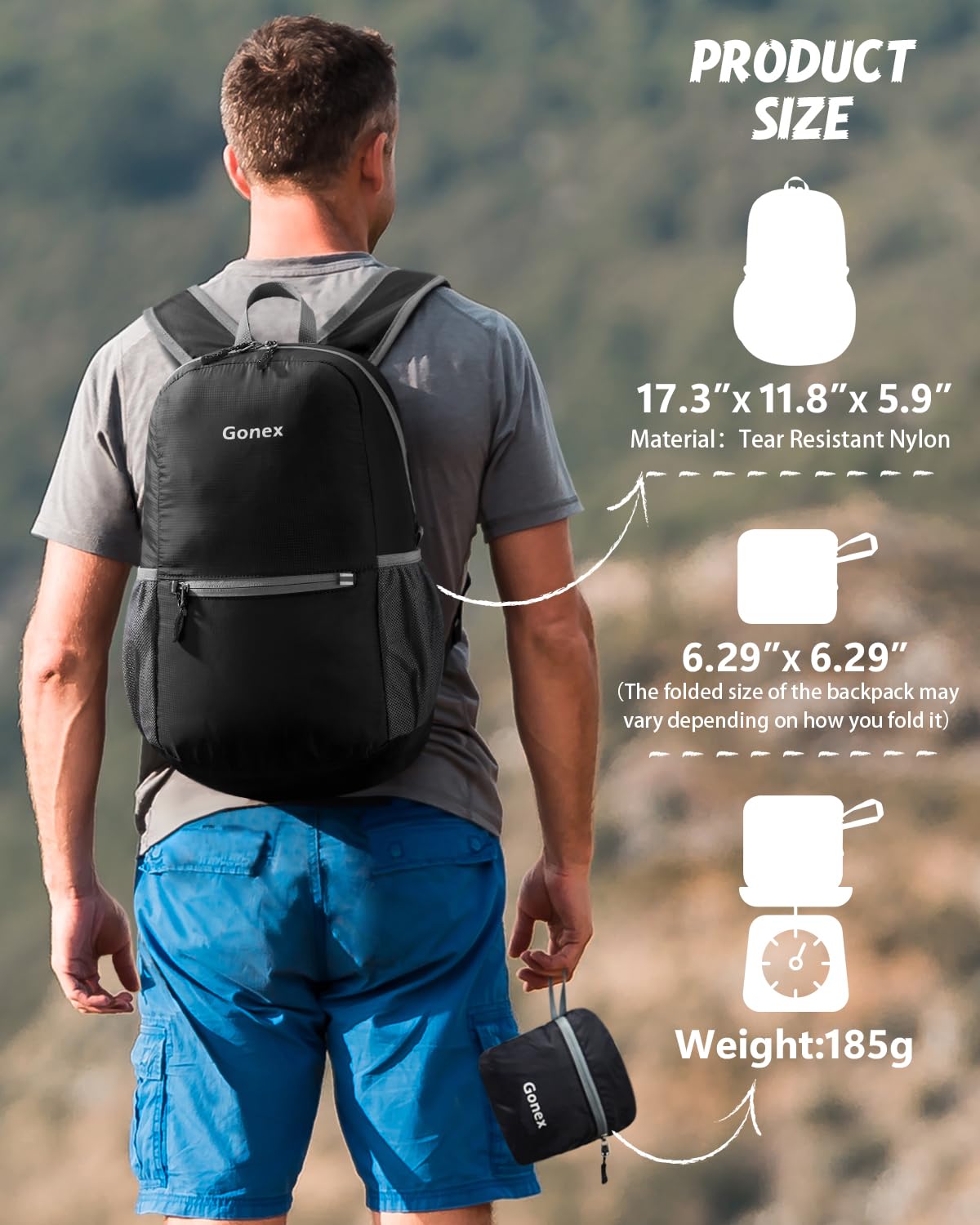 Gonex Ultra Lightweight Packable Backpack Daypack Handy Foldable Camping Outdoor Travel Cycling School Backpacking(Black)