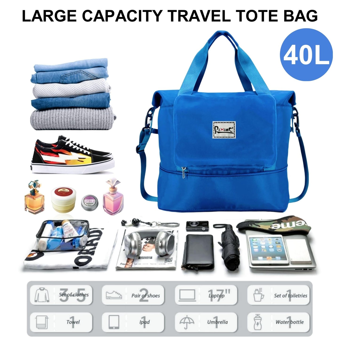 Foldable Travel Duffle Bag with Multiple Pockets, 40L Expandable Weekender Bag for Women, Overnight Carry On Gym Tote with Water Bottle Holder (Blue)