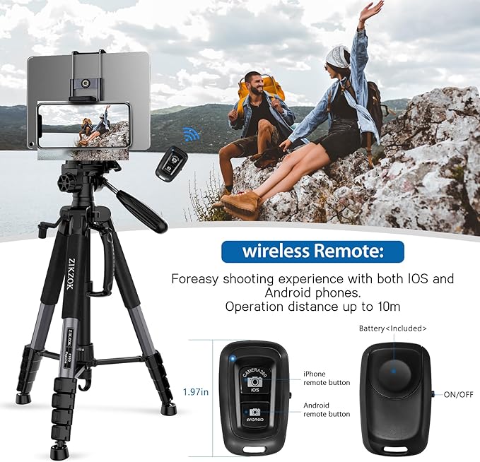 75" Camera Tripod, Heavy Duty Aluminum Camera Stand for ipad Phone, Travel Tripod with Remote/Carry Bag/Phone Tablet Holder, Compatible with DSLR, Spotting Scopes, Max Load 15 Lb(Grey)
