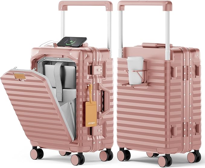 Joyway 20 Inch Carry on Luggage with Aluminium Frame and Front Pocket, PC Hardshell Suitcase with USB Port and Cup Holder, 21.5x14.2x9 Airline Approved, Luggage with Spinner Wheel TSA Lock(Rose Gold)