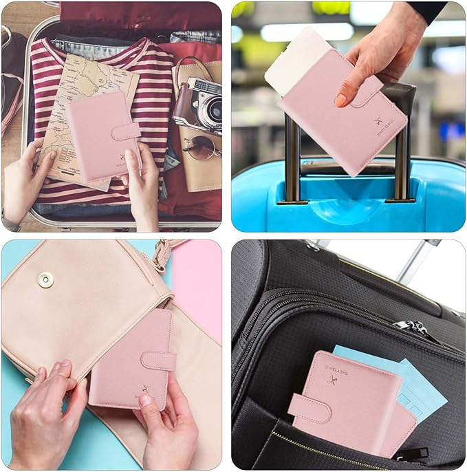 Cnycmy Passport Holder with RFID Blocking, Cash Pocket & Back Zipper Coin Pocket - Travel Document Holder, Magnetic Button, Multiple Card Slots - Soft PU Leather for Men and Women (PINK)
