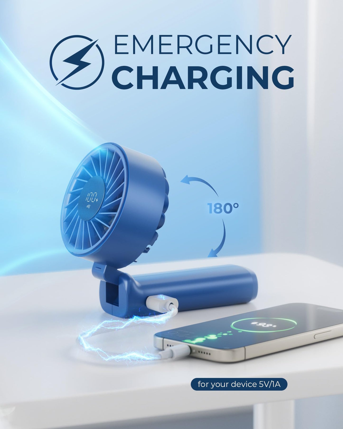 Handheld Fan, Portable Fan, 4000mAh Rechargeable Personal Fan, 180° Foldable Mini Desk Fan with 6 Wind Speed, LCD Digital Display, Lanyard as Neck Fan, Ultra Quiet, Pocket Size for Indoor Outdoor