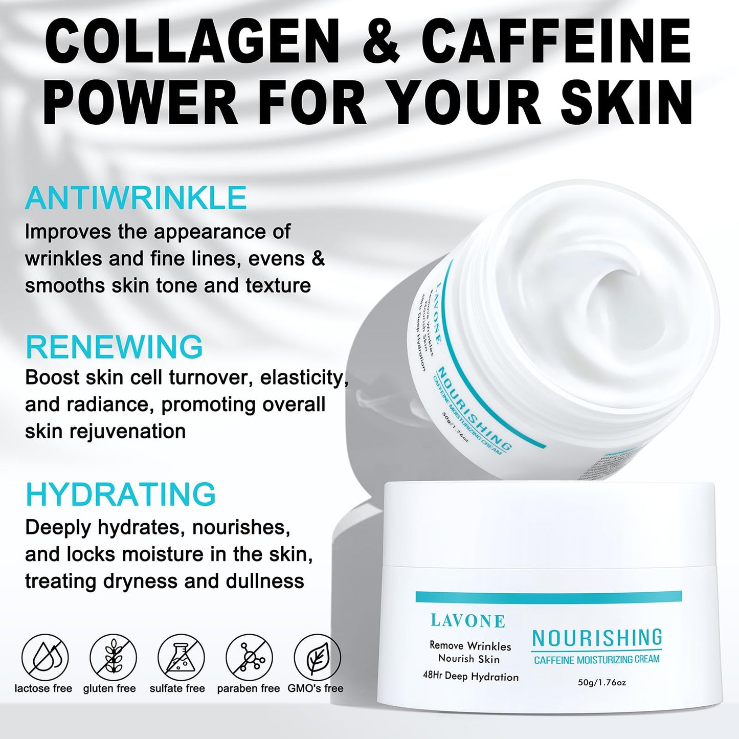 LAVONE Face Moisturizer Moisturizer Face Cream for Women and Men with Caffeine, Hyaluronic Acid, Vitamin E/C | Daily and Night Facial Moisturizer | For Dry, Oily, Sensitive, and Acne-Prone Skin