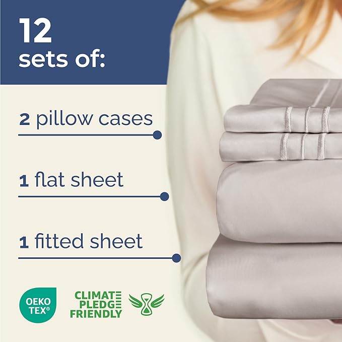 Bulk Case Pack of 12 Sheet Sets - (12) Complete Sheet Sets - Bulk King Bedding - Wholesale Case Pack for Hotels, Spa & Airbnbs - Deep Pocket & Wrinkle Free - Cooling & Breathable - King, Light Grey