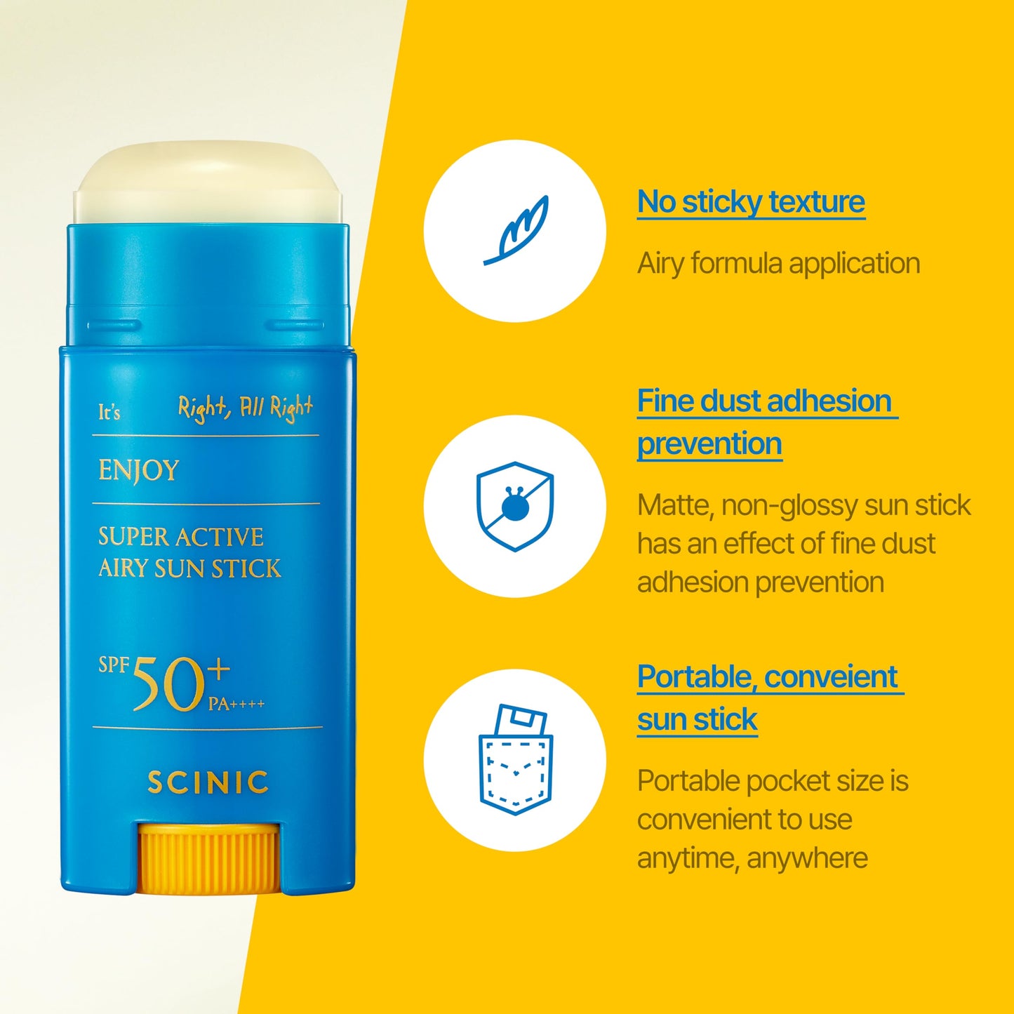 SCINIC Enjoy Super Active Airy Sun Stick SPF50+ PA++++ 0.53oz (15g) | Strong UV Protection Anytime, Anywhere Air-light, Clear | Korean Skincare