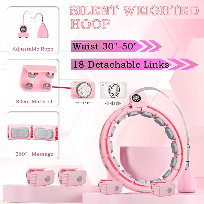 2025 New Silent Smart Weighted Fitness Hoop, Weighted Hula Circle Hoops for Adults Weight Loss,18 Detachable Links Waist 30"- 50", Exercise Hula for Women & Men