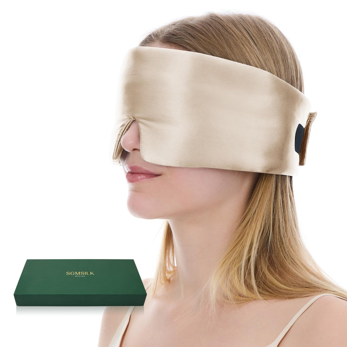 SGMSILK 100% Mulberry Silk Sleep Mask, Large Size Travel Eye Masks for Side Sleepers, Adjustable Sleeping Mask for Women and Men, 100% Blackout Eye Mask for Sleeping Champagne