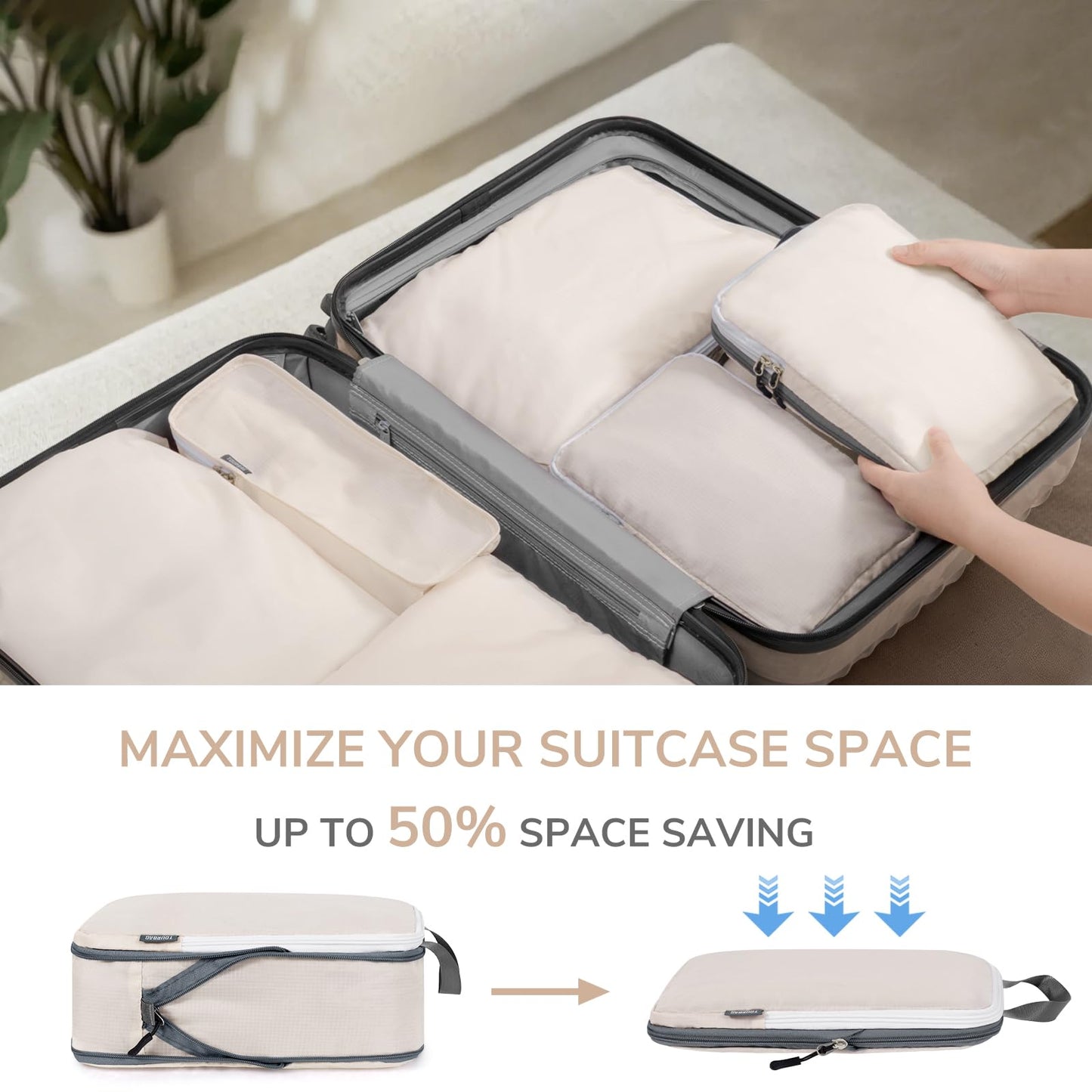 CherryNow Compression Packing Cubes, 7 Set Packing Cubes for Travel Women, Travel Essentials for Backpack, Beige