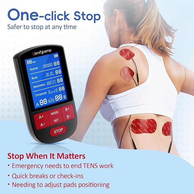 Comfytemp TENS Unit Muscle Stimulator for Back Sciatica Neck Pain Relief, 4 Therapy Waveforms Dual Channel TENS Machine — 30 Modes, Rechargeable Professional Electric Pulse Massager, 10 Electrode pads