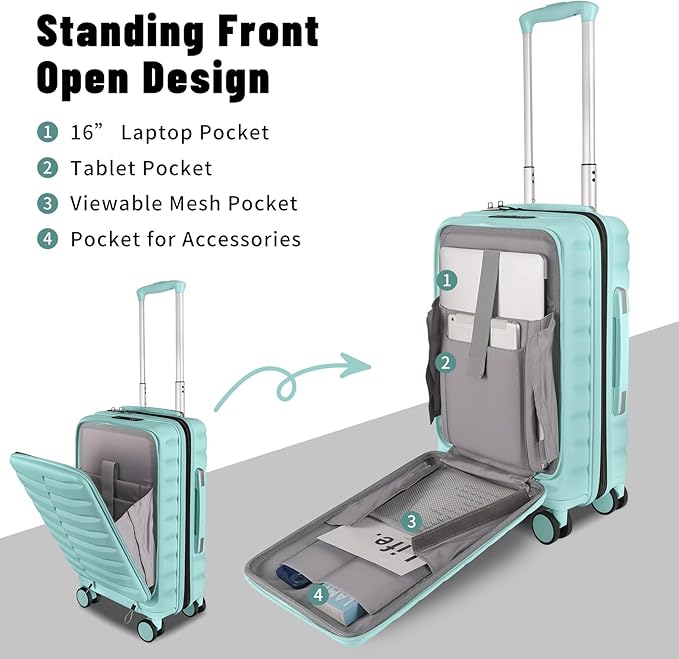22×14×9 Airline Approved Carry On Luggage with Front Open Pocket Expandable, Spinner Wheels, ABS+PC Hardshell Small 20inch Suitcase with Protective Cover and Luggage Tag, Mint Green
