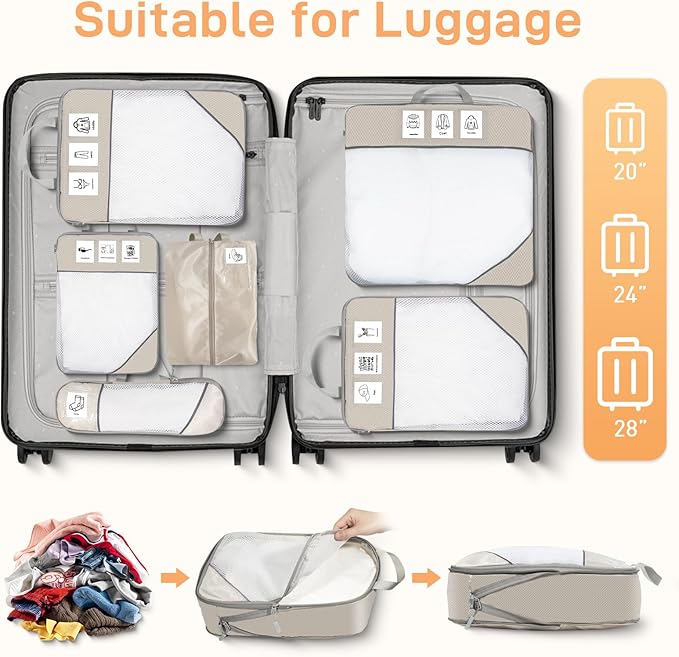 Compression Packing Cubes for Travel 6 Set Expandable Packing Organizers Durable Luggage Bags Organizers for Suitcases Travel Accessories (Beige)