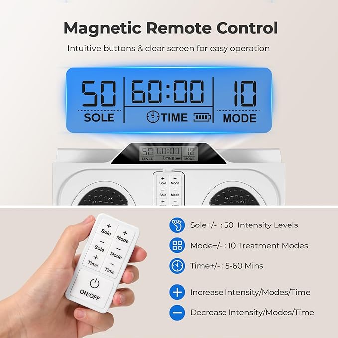 KNQZE EMS Foot Massager for Neuropathy, TENS EMS Foot Nerve Circulation Stimulator for Pain Relief, 10 Modes and 50 Intensities, 4 Body Pads, Relieve Swelling, Cramps, Plantar Fasciitis