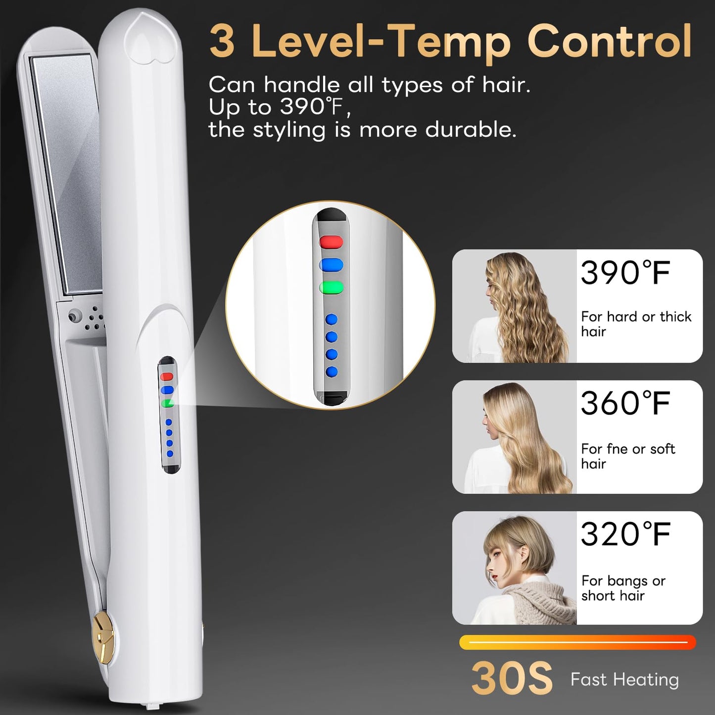 Cordless Hair Straightener 2 in 1 Mini Curler and Flat Iron Ceramic Portable USB Rechargeable Travel Hair Styler for Women Men with Pouch(White)