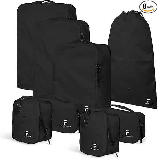 8 Piece Compression Packing Cubes Set - Double Capacity Design for Travel - Small, Medium & Large Sizes - Carry-On Suitcase Organizer Bags (Black)