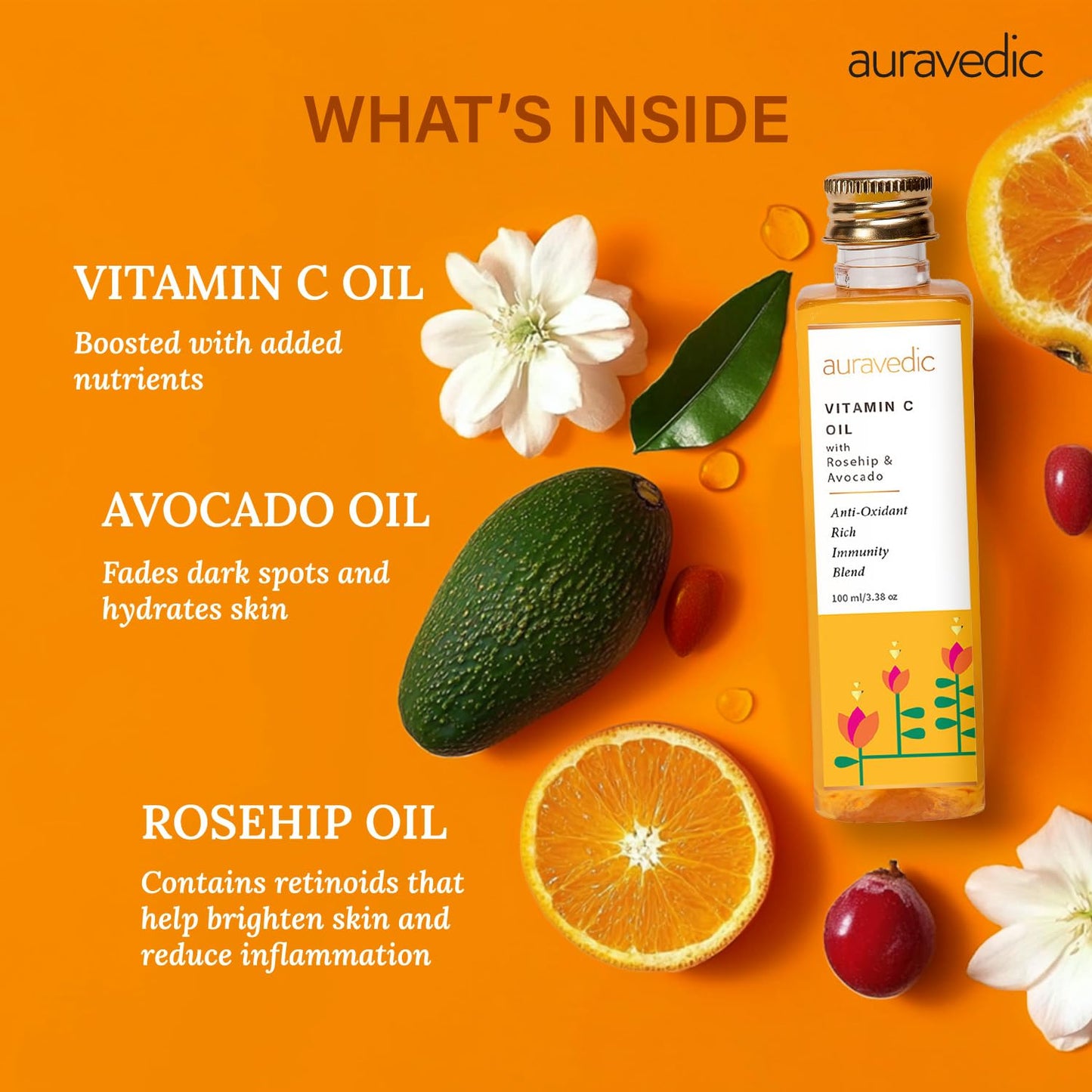 Auravedic Vitamin C Face Oil | with Rosehip, Avocado and Vitamin E | Natural & Organic Skin Moisturizer | Ayurvedic Facial Massage Oil for Soft, Smooth Skin | 3.38 Fl Oz (100ml)