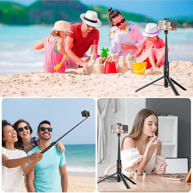 57" Automatic Phone Tripod, Extendable Selfie Stick for iPhone, Portable Cell Phone Stand Mount Holder with Remote Control for Selfie Stick TIK Tok Travel Vlog Live Broadcast Video Recording Black