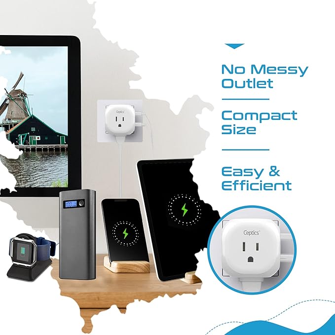 Ceptics European Travel Plug Adapter - 5 Input with 20W PD-QC 3.1A Dual USB-C and USB - Light Weight - USA to Any Type C Countries Such as Italy, Iceland, Austria and More (PTU-9C), White