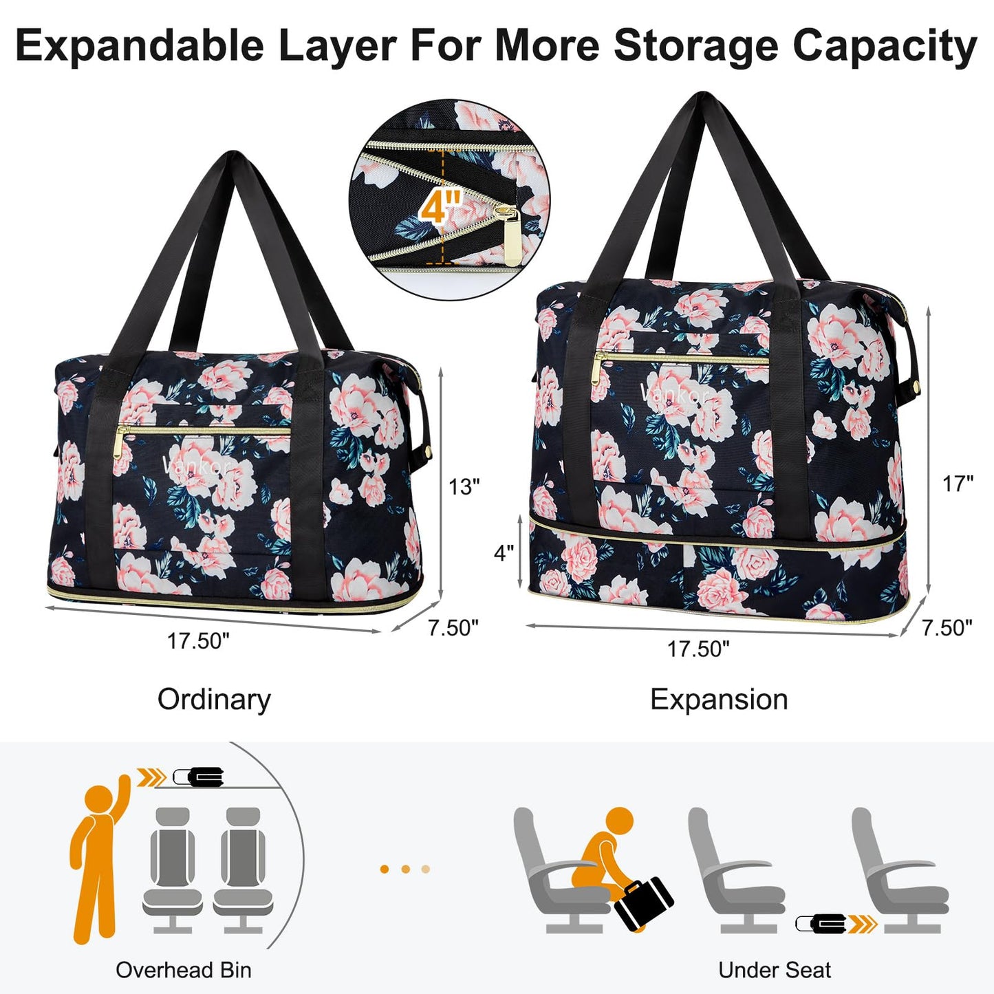 Vankor Expandable Travel Duffle Bag for Travel, Foldable Carry on Tote Bag Lightweight Weekender Overnight Hosptital Bag for Men Women Black Floral