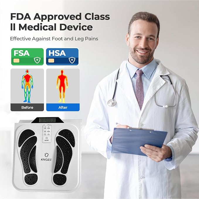 KNQZE EMS Foot Massager for Neuropathy, TENS EMS Foot Nerve Circulation Stimulator for Pain Relief, 10 Modes and 50 Intensities, 4 Body Pads, Relieve Swelling, Cramps, Plantar Fasciitis