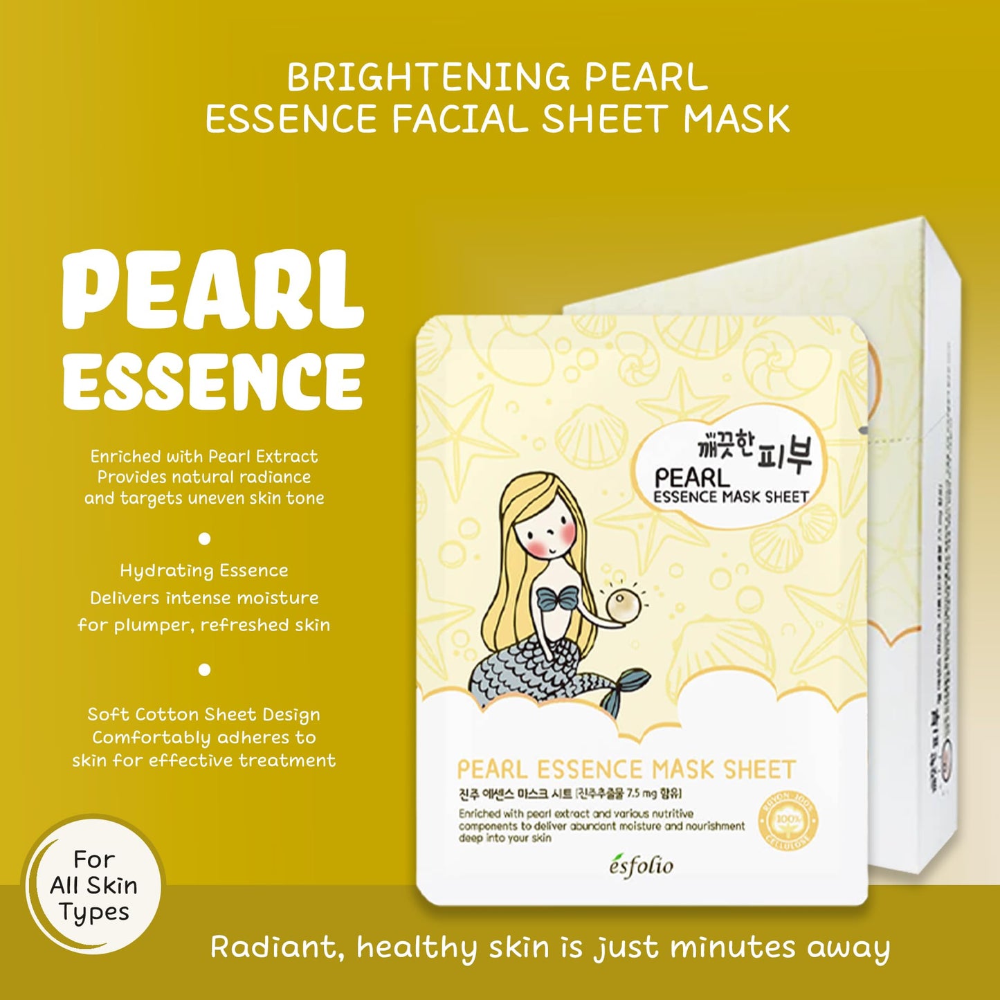 esfolio Pure Skin Mask Box – Pearl Essence Sheet Mask Set, Hydrating & Nourishing Korean Face Masks, Revitalizing Skincare for Soft, Smooth, and Radiant Skin (Pack of 10)