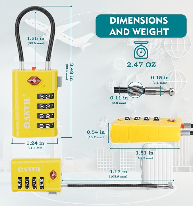 ANVIL 4 Digit Luggage Locks, TSA Locks for Luggage, Advanced TSA008 core, Alert Indicator for Your Travel Lock, Suitcase Lock. (3, Yellow)